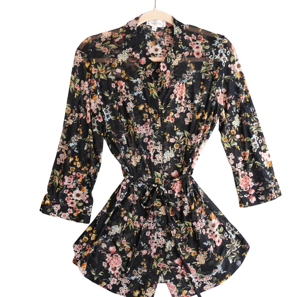 Floral Sheer Mesh Button Up Top Womens L Black Boho Whimsigoth Dark Romantic